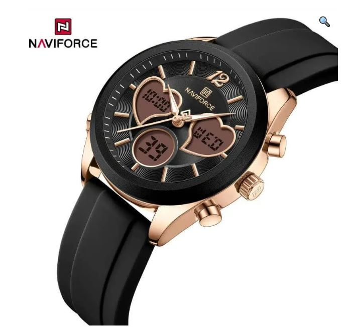NaviForce NF5045 Women's Fashion Multifunction Heart Shape Dual Display Silicon Strap Watch - Black