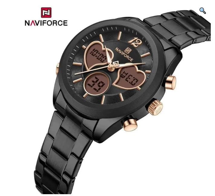 NaviForce NF5045 Women's Fashion Multifunction Heart Shape Dual Display Stainless Steel Watch - Black