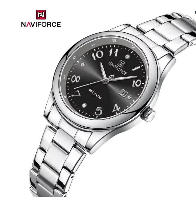 NaviForce NF5059 Fashion Stylish Diamond Quartz Date Display Stainless Steel Watch For Women - Black/Silver