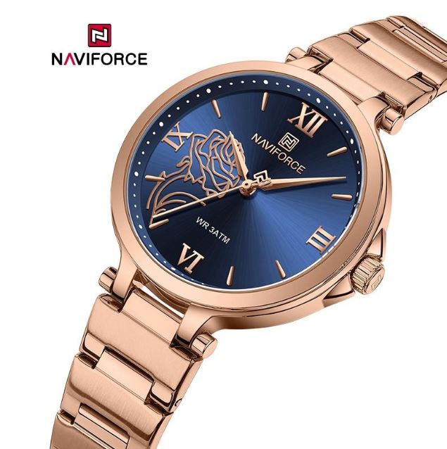 NAVIFORCE NF5060 Women's Fashion Rose Relief Roman Numeral Stainless Steel Watch - Blue/Rosegold