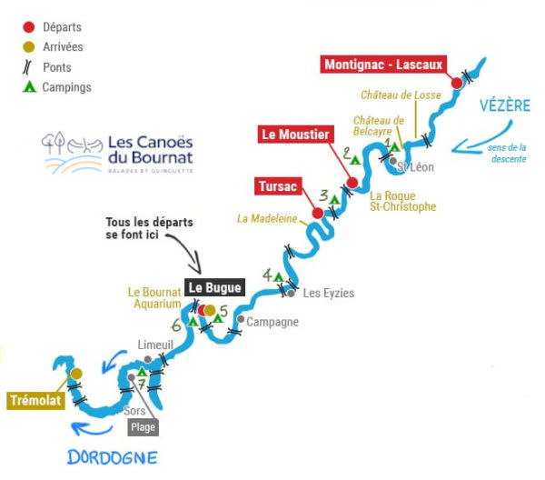 Carte de la randonnée de Montignac au Bugue