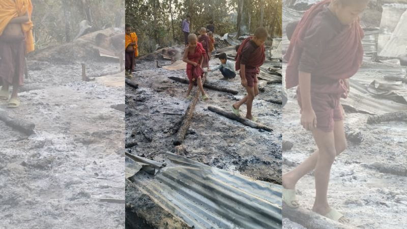 আগুনে পুড়ে যাওয়া পাইন্দং পাড়া বিহারে ধর্মীয় কার্যক্রম চলছে খোলা আকাশের নিচে