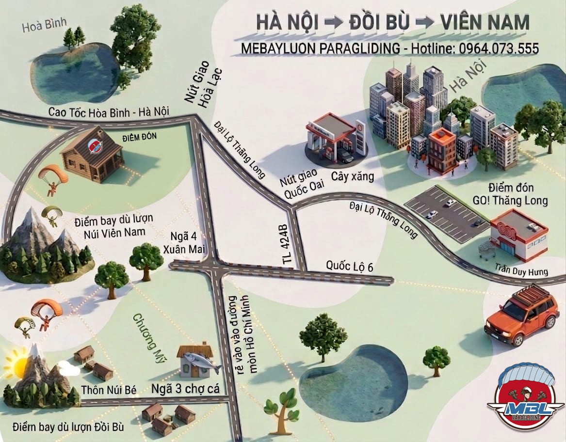 Doi Bu is located in Chuong My District, about 40–50 km southwest of central Hanoi. You can easily find the location on Google Maps by searching for “Đồi Bù Chương Mỹ” or “Đồi Bù paragliding.”