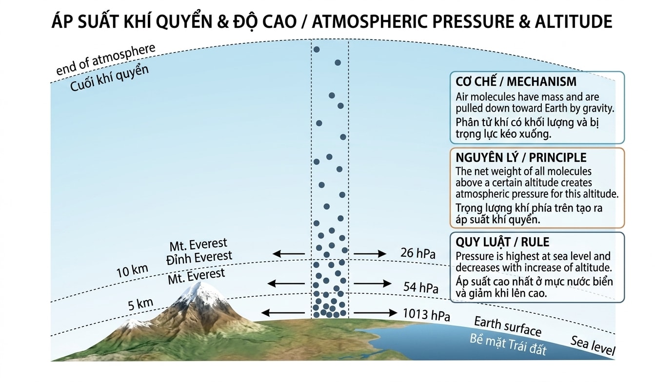 Atmospheric stratification: the higher you go, the thinner the air becomes.