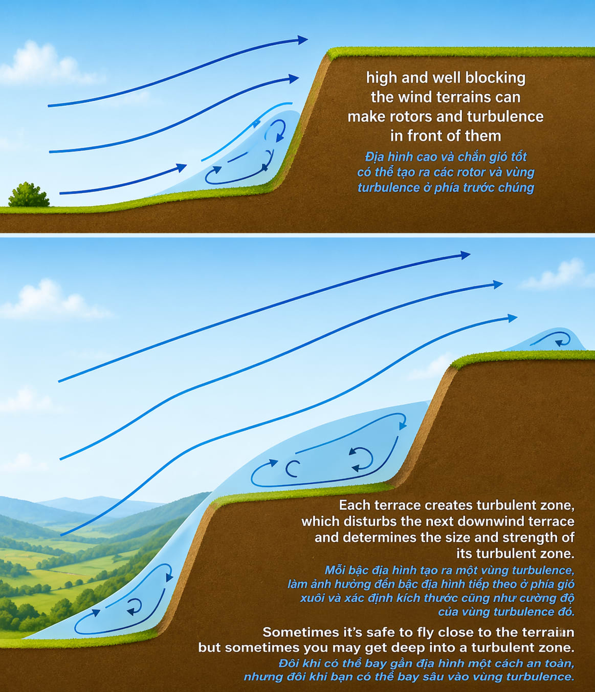 Each terrain type can create its own turbulence zone. Sometimes flying close to the terrain is safe, but at other times, it puts you right into the turbulence.