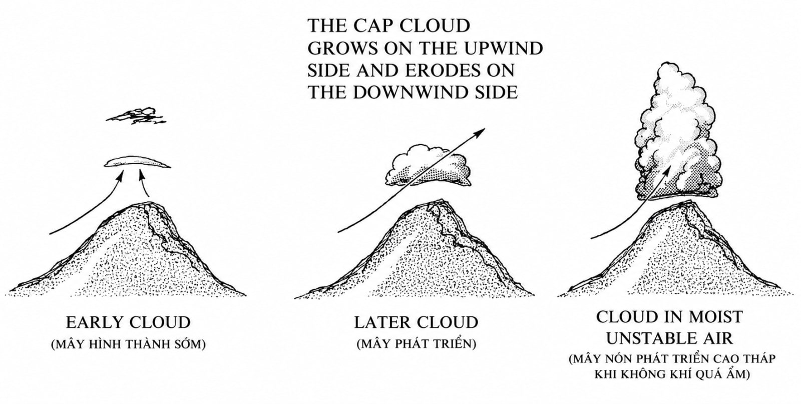 Cap cloud grows on the upwind side and erodes on the downwind side