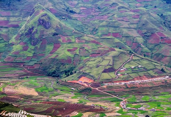 Bản Lìm Mông nhìn từ trên cao mùa làm đất, đổ nước, ruộng còn nâu đỏ