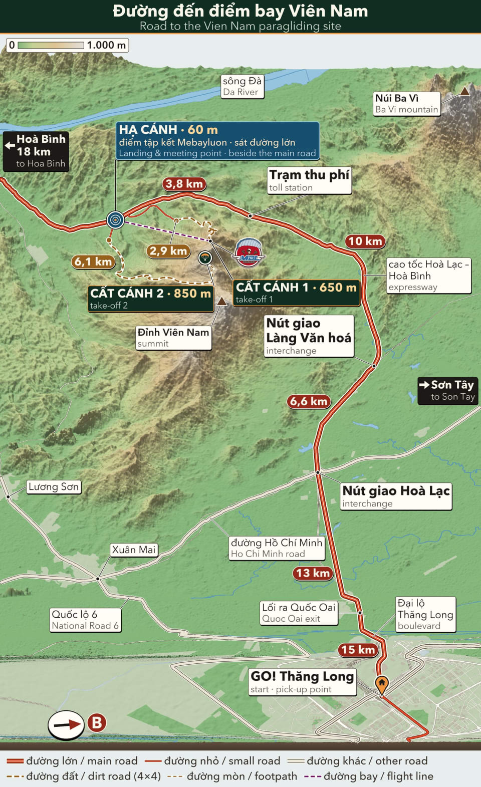 3D-Geländeansicht der Anfahrt zum Gleitschirm-Fluggebiet Vien Nam ab GO! Thang Long in Hanoi: Thang-Long-Boulevard, das Autobahnkreuz Hoa Lac, die Straße Hoa Lac – Hoa Binh, der Landeplatz an der Straße, der zugleich Treffpunkt von Mebayluon ist, die Schotterwege hinauf zu den beiden Startplätzen, der Da-Fluss, der Berg Ba Vi und die Kilometer jedes Abschnitts