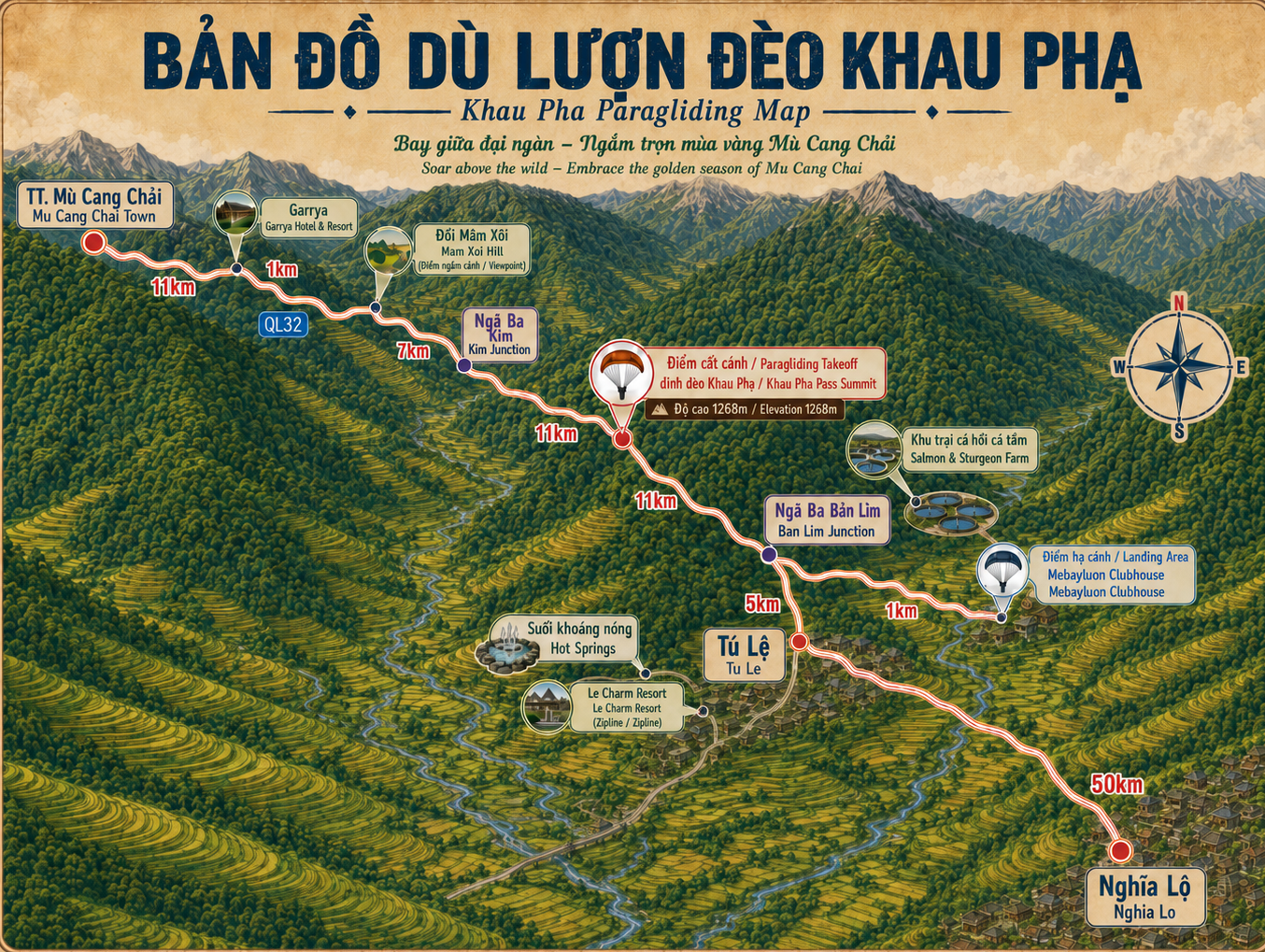 The paragliding site is located at the top of Khau Pha Pass, between Tu Le and Mu Cang Chai