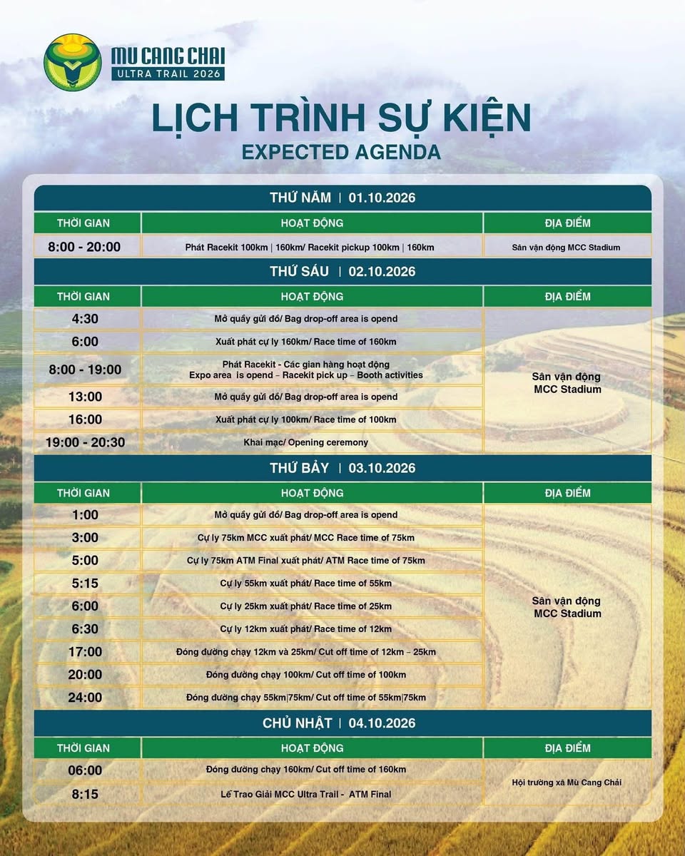Lịch trình MCC Ultra Trail 2026