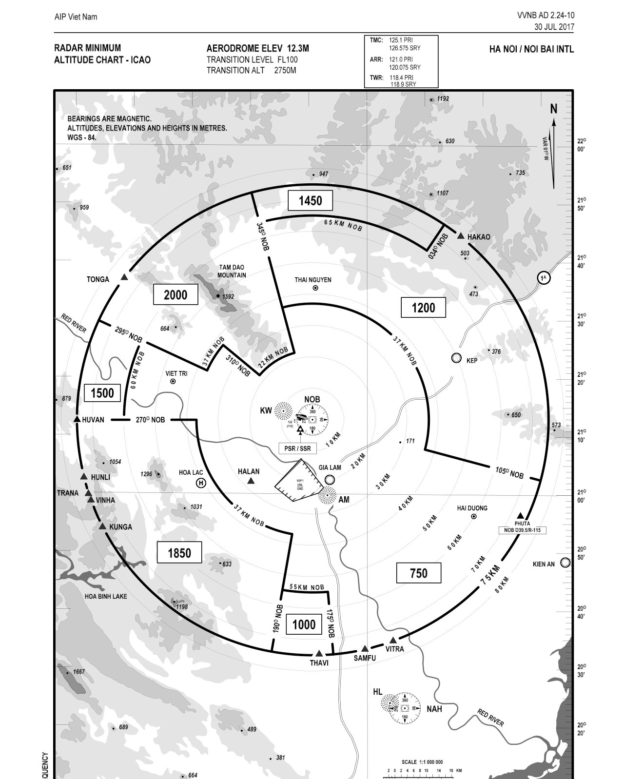 Bản đồ độ cao tối thiểu radar sân bay Nội Bài (VVNB AD 2.24-10): mỗi hình quạt quanh đài NOB ghi độ cao thấp nhất mà không lưu được dẫn máy bay IFR bằng radar