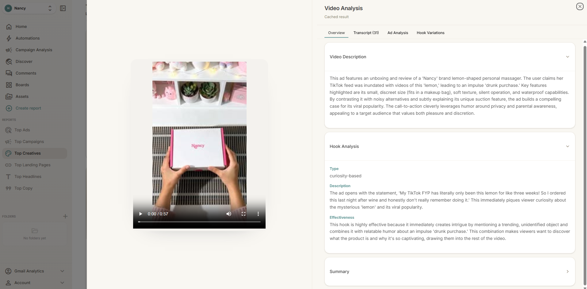 Screenshot of AI-powered ad analysis breaking down a saved ad's hook, layout, and CTA