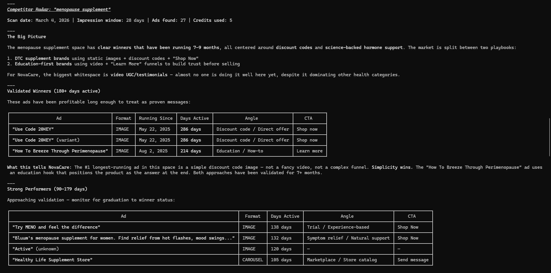 Detailed competitor analysis showing persistent winners, new tests, and format distribution