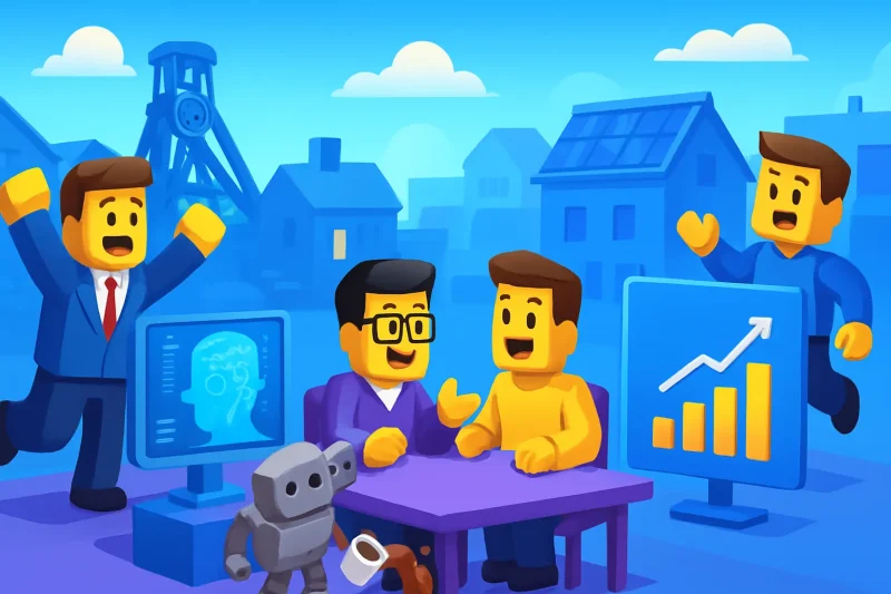 AI 기술을 활용한 자동화로 마을의 일상이 혁신적으로 변화하는 모습.