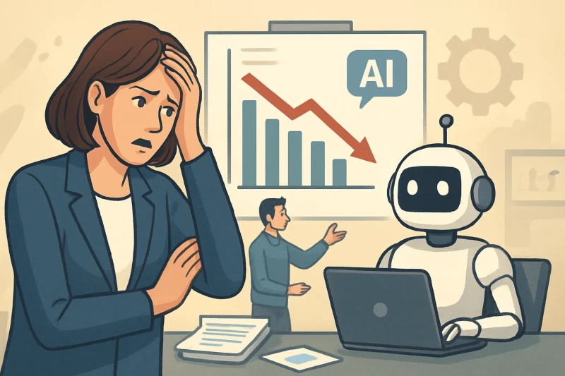 여성 실무자가 생성형 AI와 자동화 기술을 활용해 업무 혁신을 이끌어가는 모습입니다.