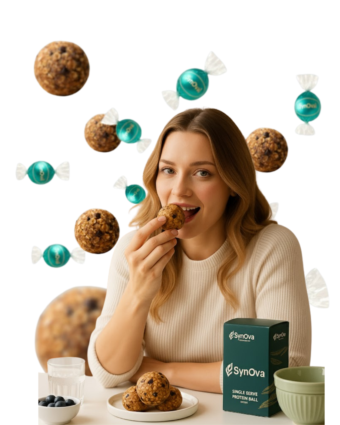 European woman enjoying SynOva chocolate pre-meal ball as part of her daily PCOS wellness ritual.