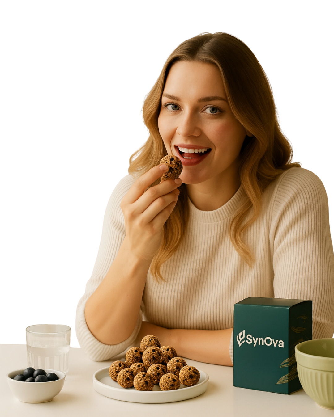 European woman enjoying SynOva chocolate pre-meal Bite as part of her daily PCOS wellness ritual.
