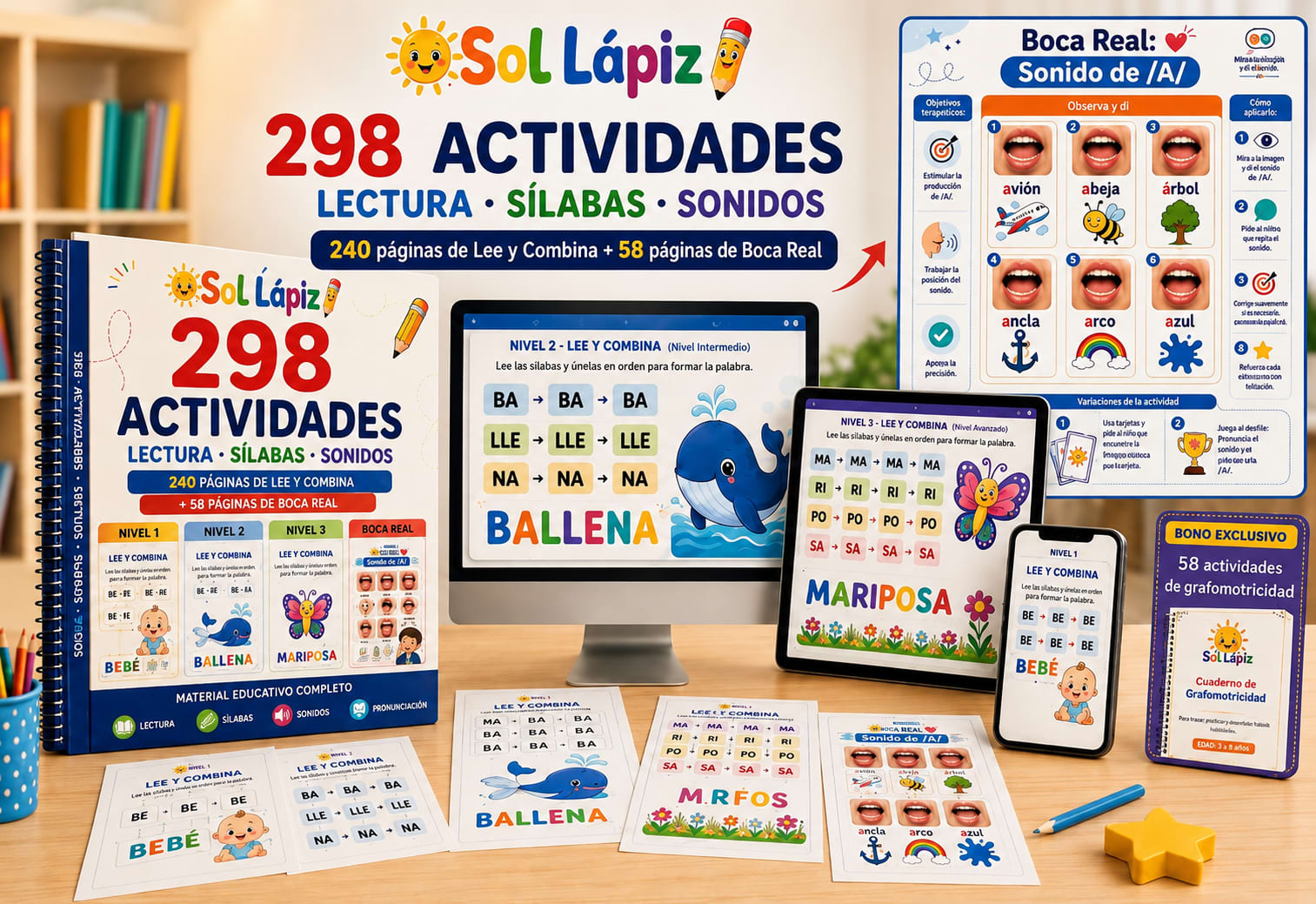 Mockup del Kit Sol Lápiz con 199 actividades de lectura, sílabas y sonidos más bono de grafomotricidad