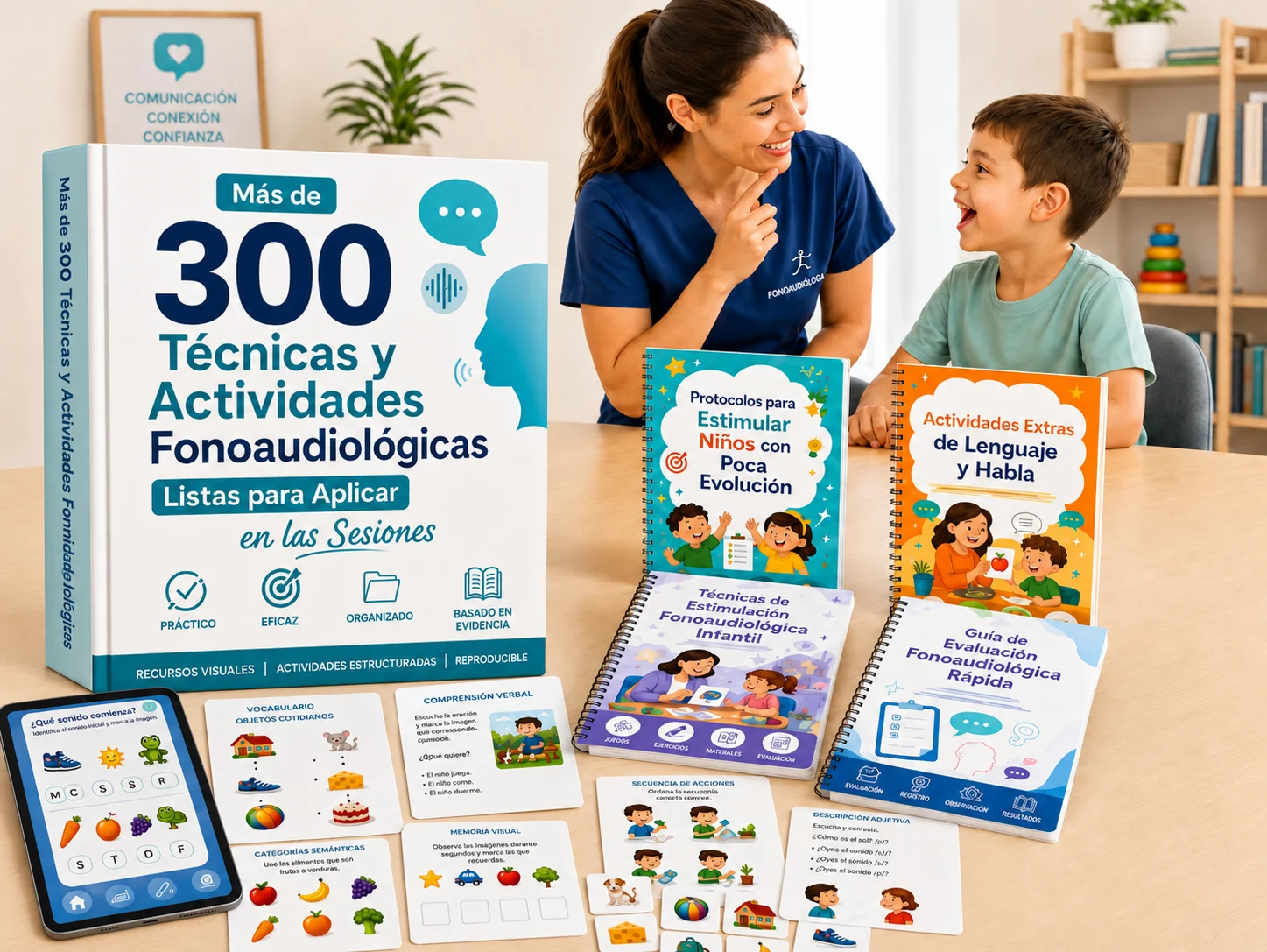 FonoKit Pro con libro, tablet y actividades fonoaudiológicas infantiles