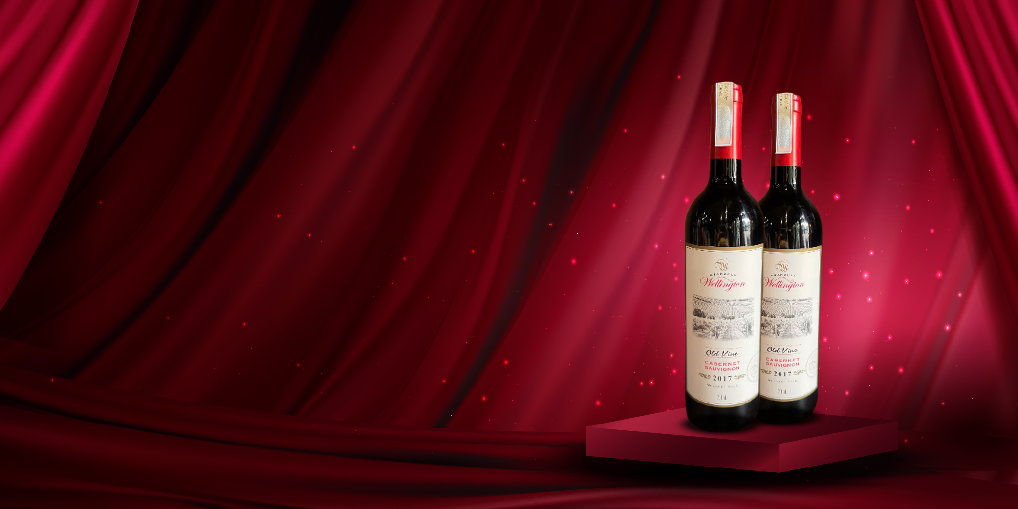 The Macallan 25 Year Old Sherry Oak Single Malt Scotch Whisky with its wooden box on a white pedestal against a red-brown background.