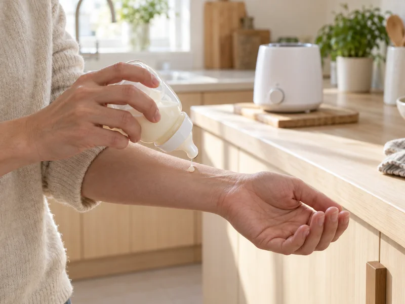 Forelder kontrollerer temperaturen på melk etter oppvarming