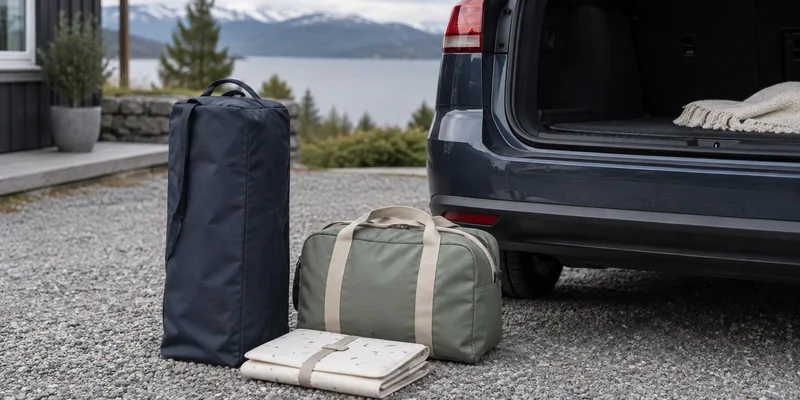 Pakket reiseseng og overnattingsbag ved et åpent bagasjerom