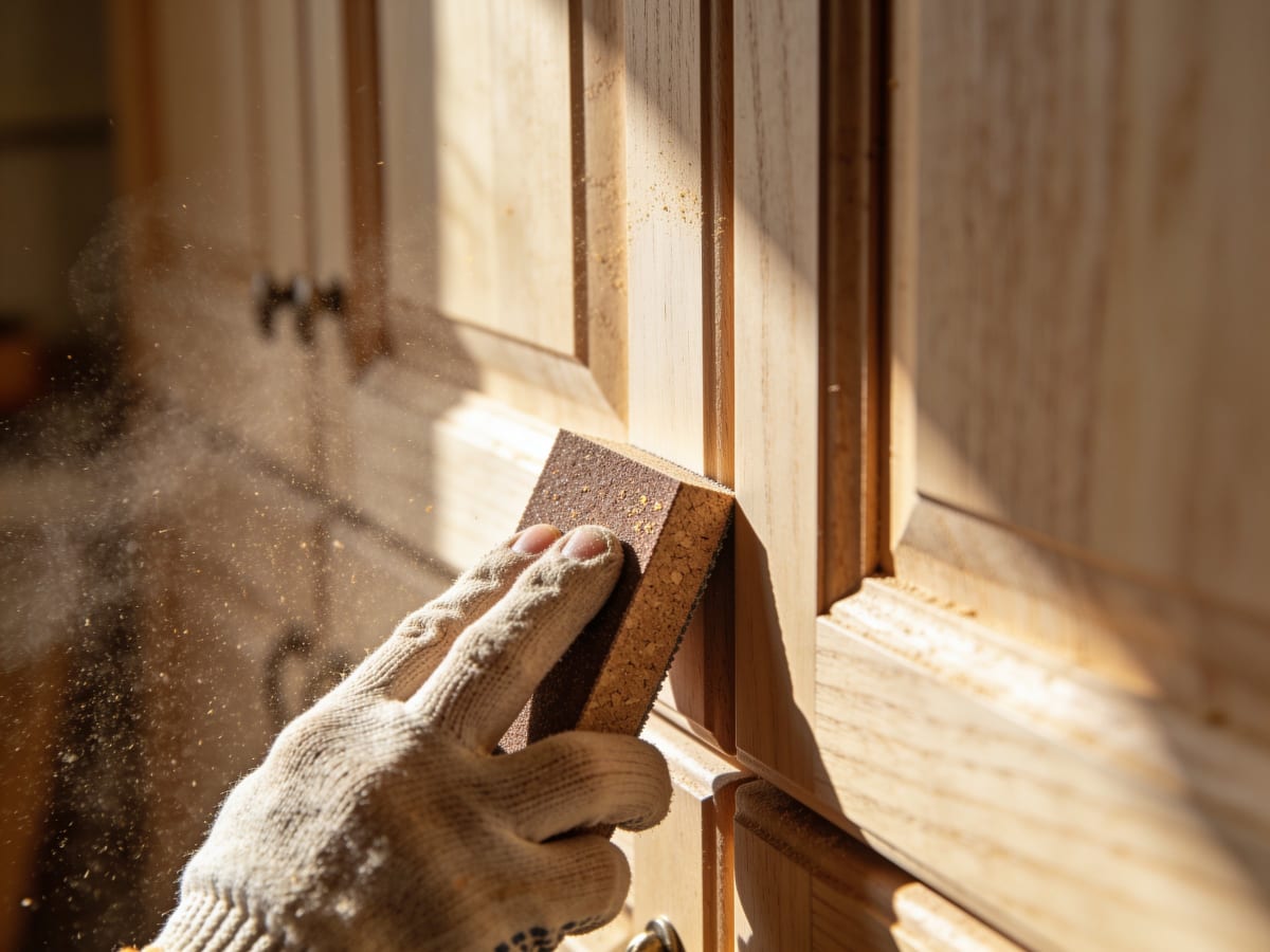 Hand-sanding a cabinet door with a cork block