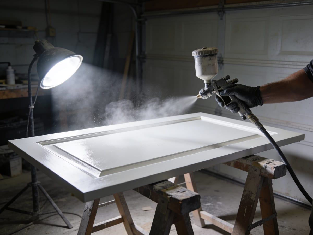 HVLP spray applying 2K polyurethane to a cabinet door