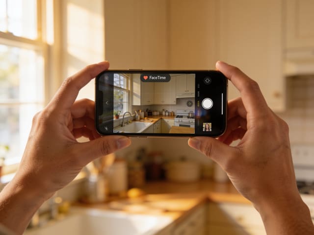 A homeowner doing a video walkthrough of their kitchen cabinets for the Jerry & Co. remote estimate