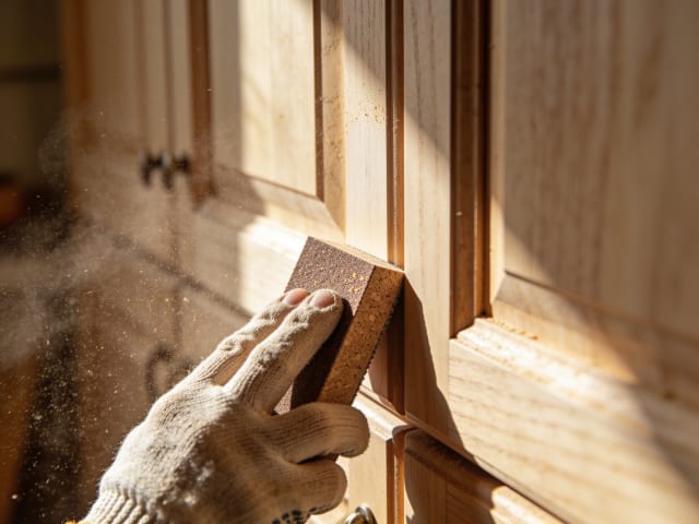 Hand sanding a cabinet door with cork block — no power tools used