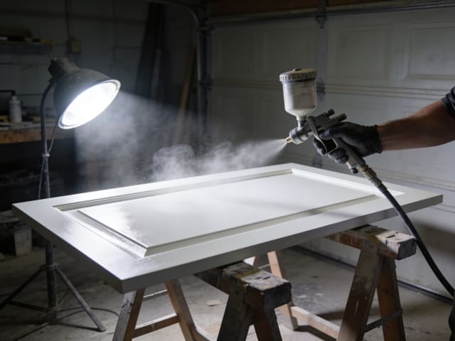 HVLP spray gun applying 2K polyurethane factory finish to cabinet doors