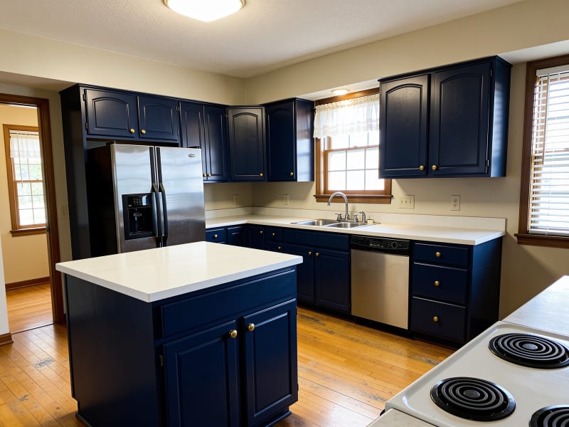 Winchester colonial home kitchen after cabinet refinishing in deep navy blue with brass hardware