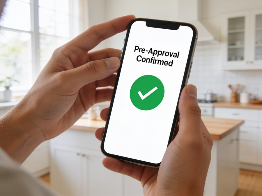 Homeowner reviewing financing approval on a phone — fast decision, no credit score impact