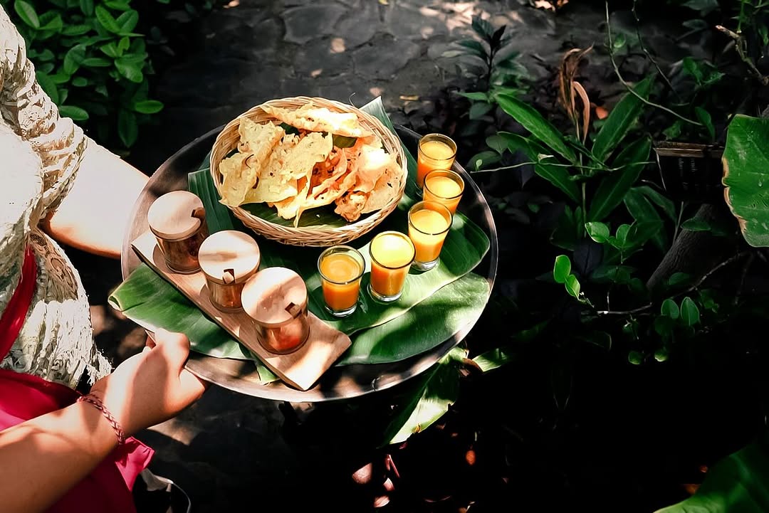 Indonesian food served with traditional drink