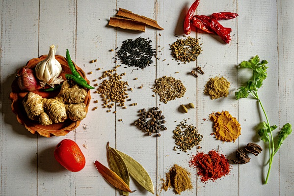 Various spices like turmeric, pepper, dried chili, etc