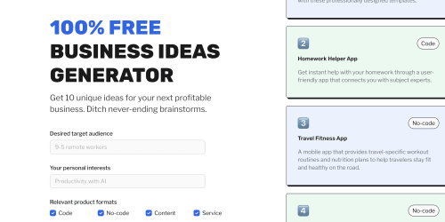 Business Idea Generator landing page