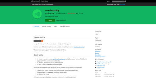 Spotify VSCode Extension landing page