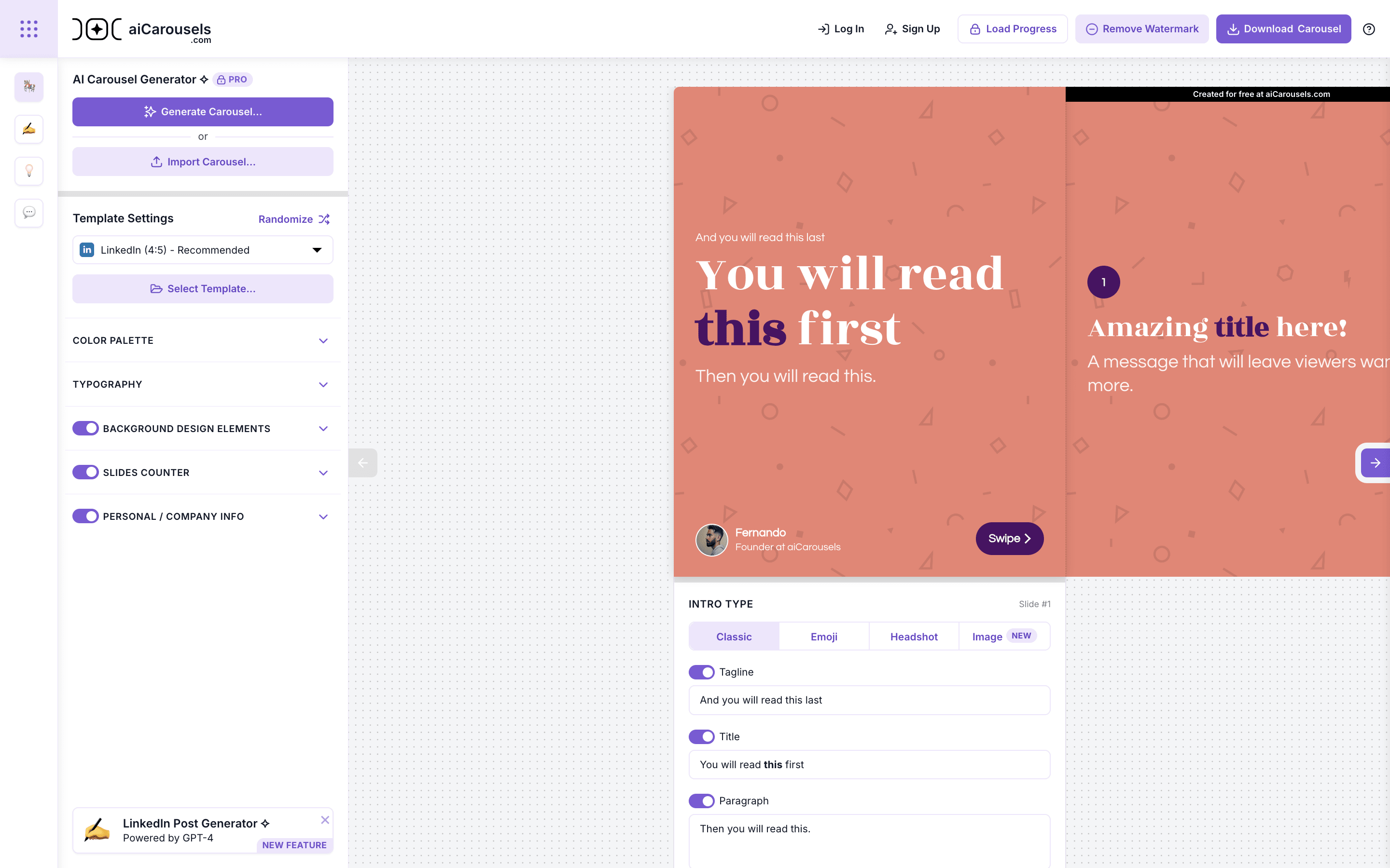 aiCarousels landing page