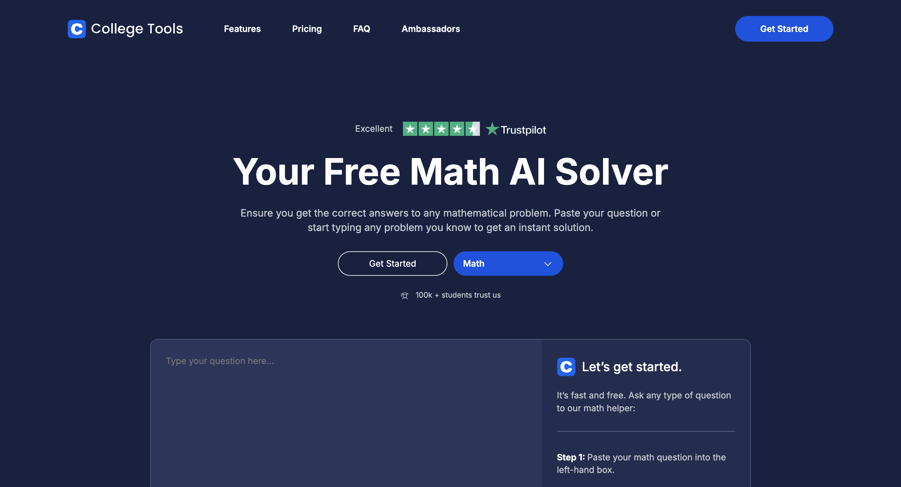 AI Math Solver landing page