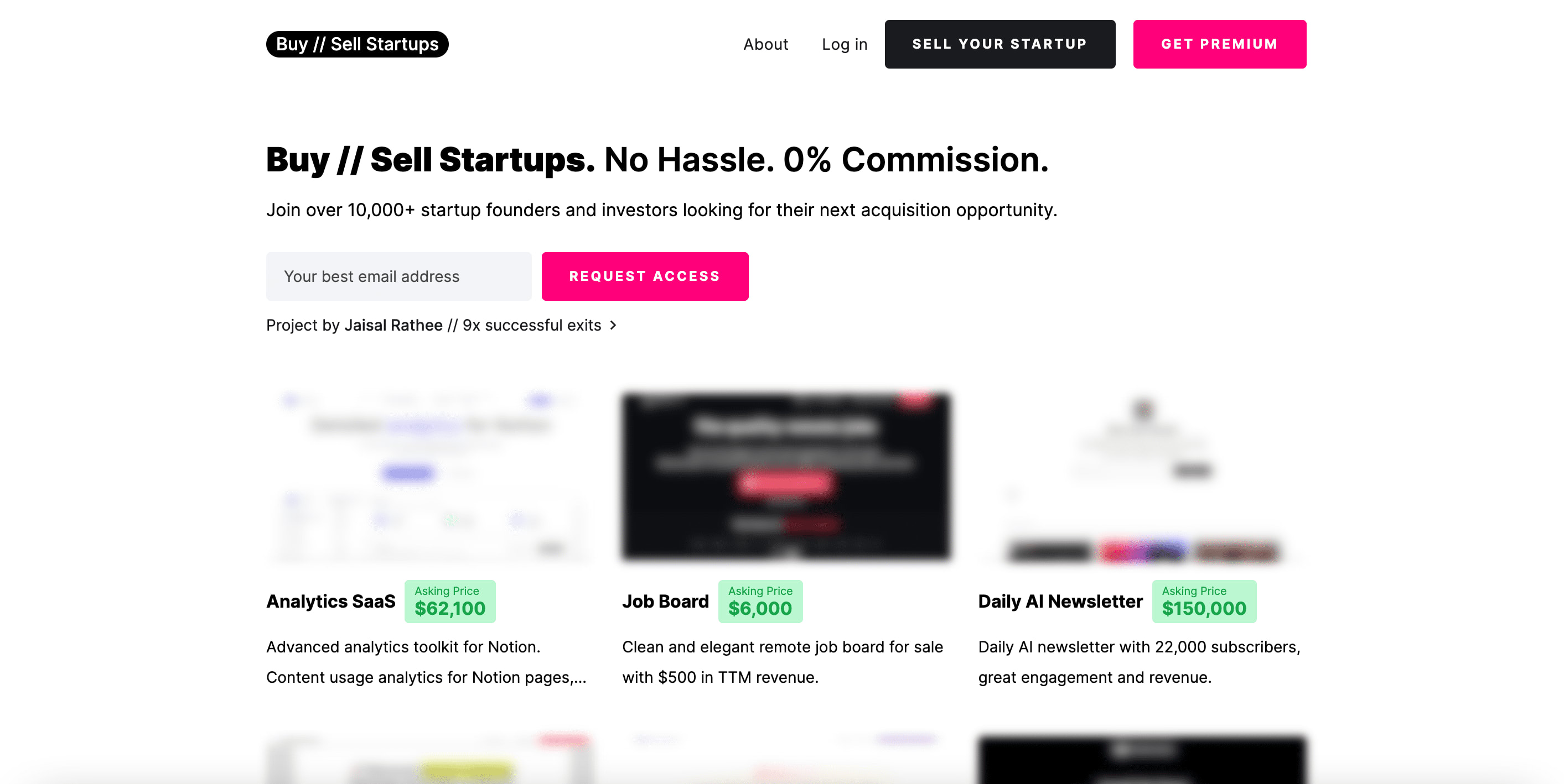 Buy Sell Startups landing page