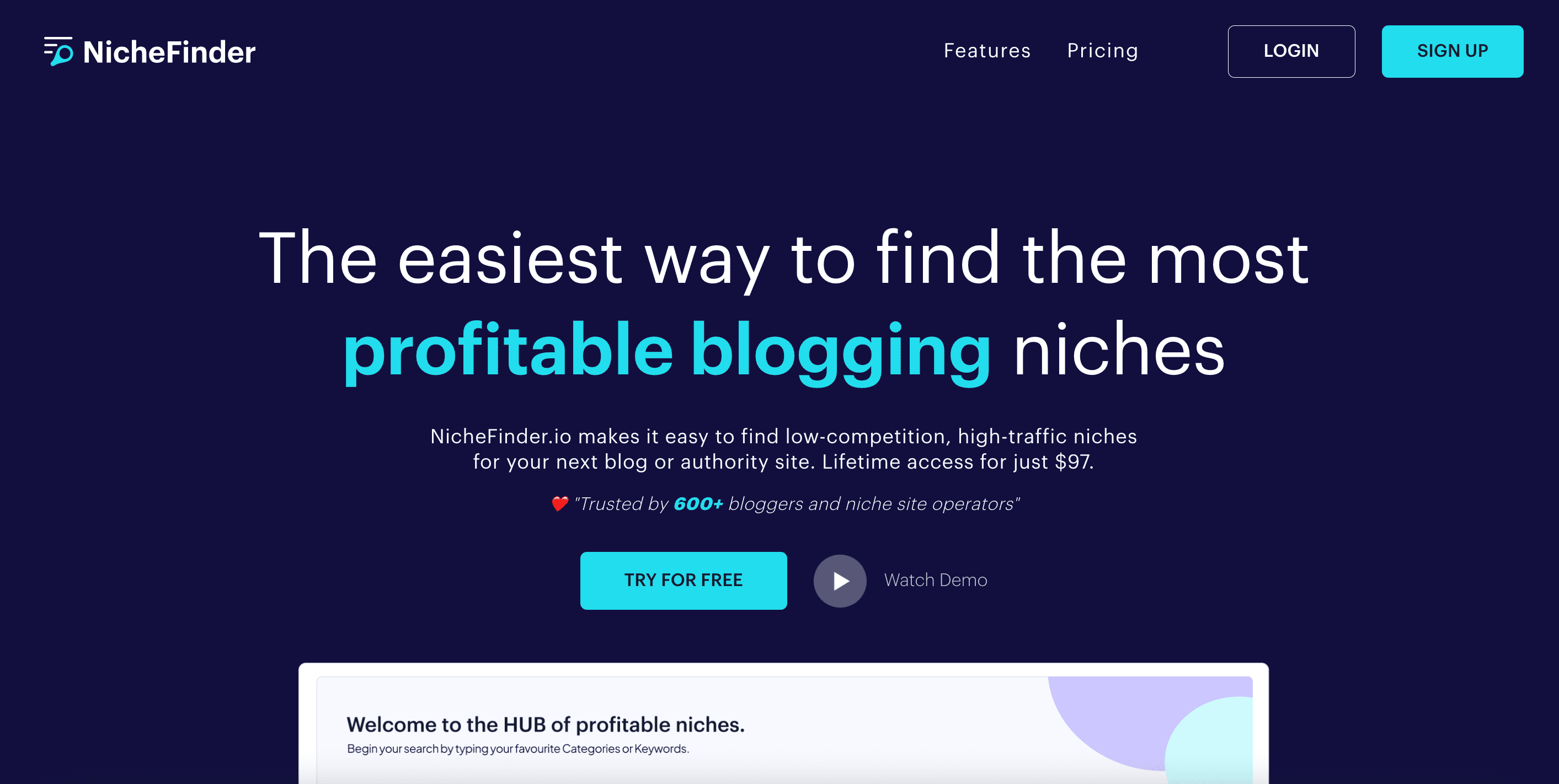 NicheFinder landing page