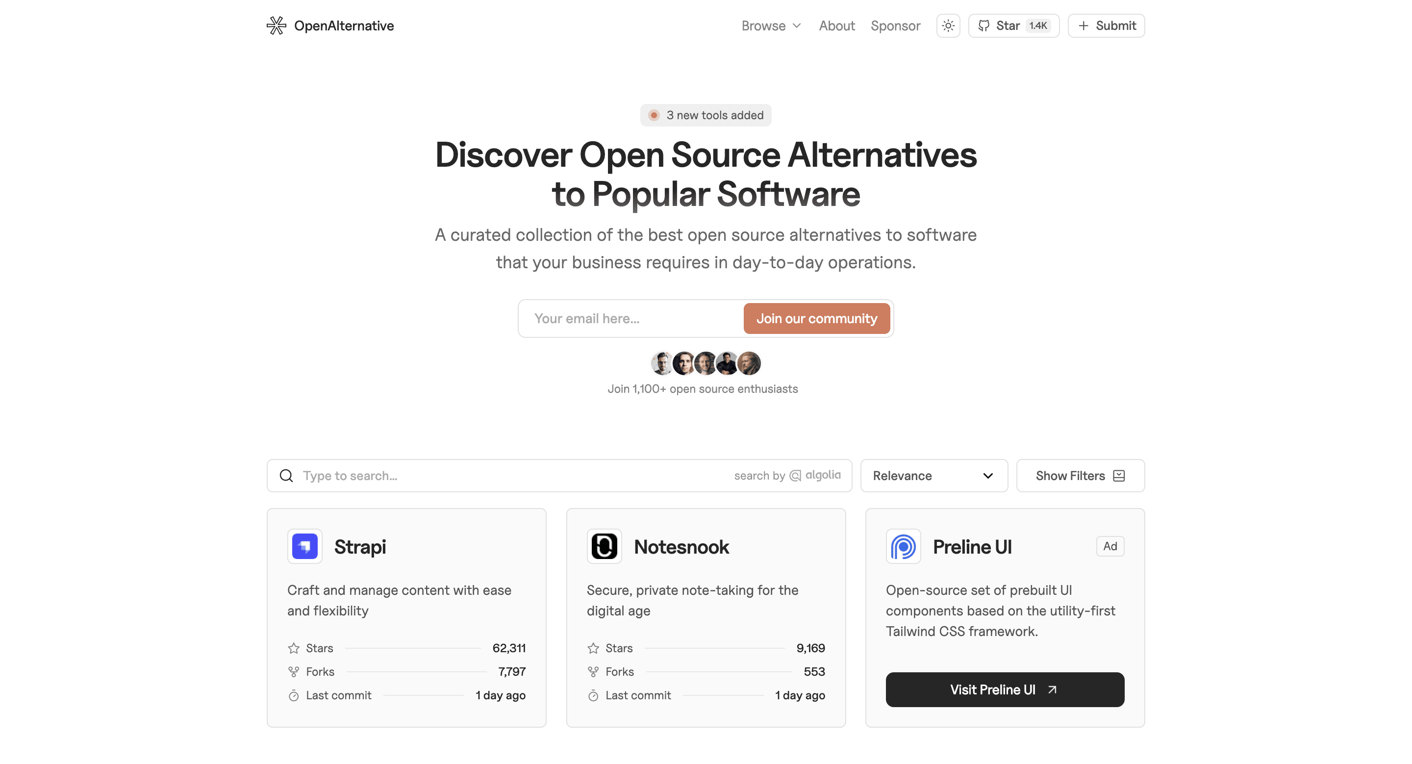 OpenAlternative landing page