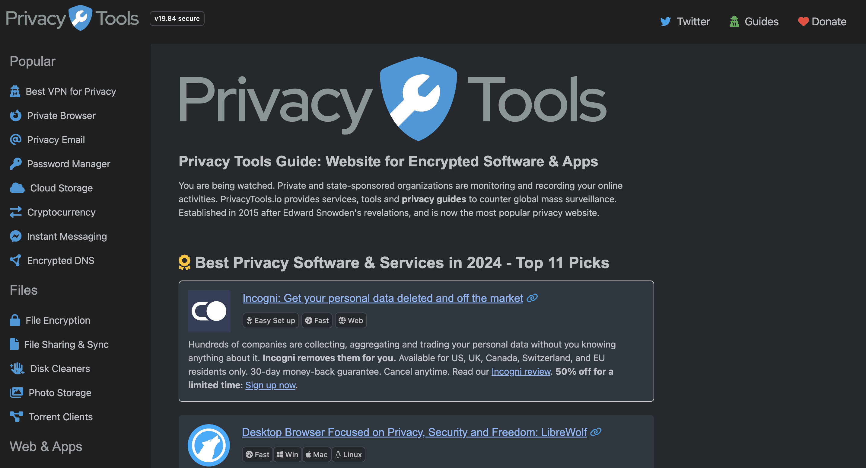 Privacy Tools landing page