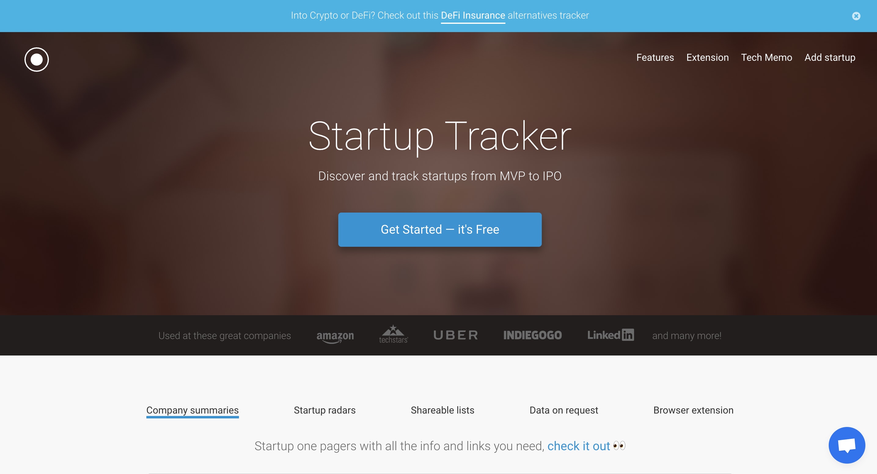 Startup Tracker landing page