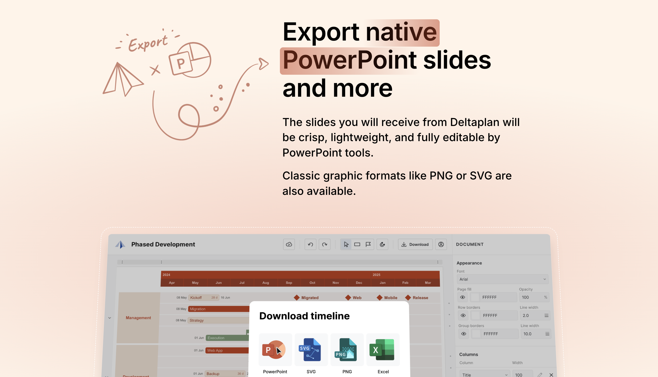 deltaplan export timeline to powerpoint or excel