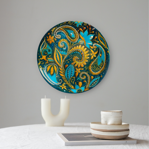 Royal Turquoise Paisley Ceramic Wall Plate - Image 1