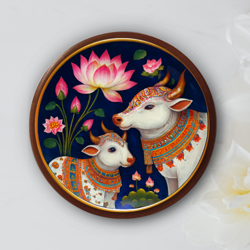 Sacred Lotus Cow Wooden Wall Plate