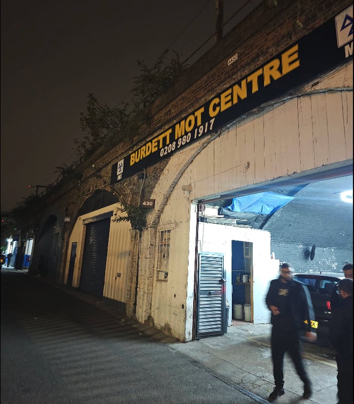 Burdett MOT Centre exterior on Burdett Road, Bow