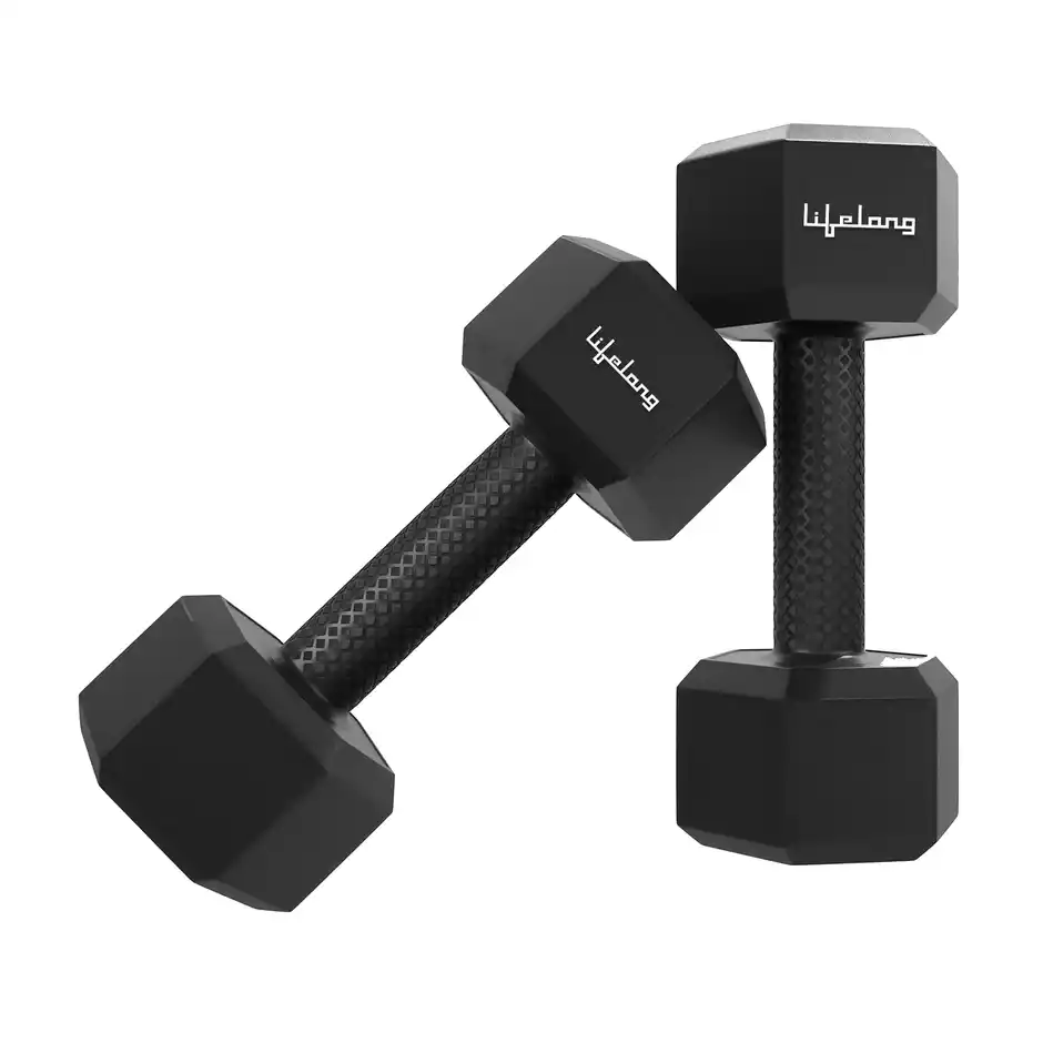 Lifelong PVC Hex Dumbbells (5kg Pair) | Black | Anti-Roll & Easy Grip