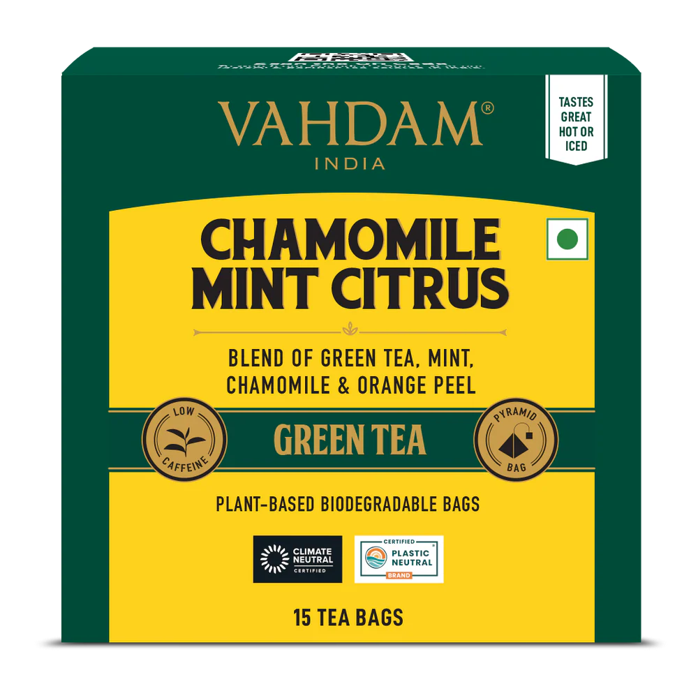 Vahdam Chamomile Mint Citrus Green | 15 Biodegradable Pyramid Bags